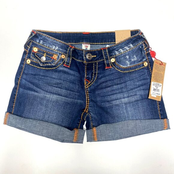 size 26 NEW True Religion mid rise cut off flap pocket OM Big T denim shorts $22 - Picture 2 of 10